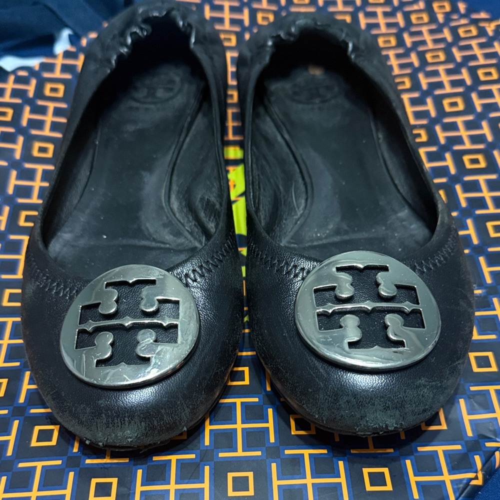 Tory Burch Black Flats with Silver Logo